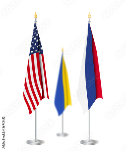 United States of America, Russia and Ukraine flag pole isolated on white background. Conference on conflict resolution in Ukraine.