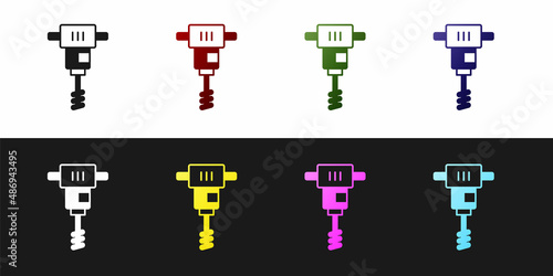 Set Electrical hand concrete mixer icon isolated on black and white background. Handheld electric cement mixer. Vector