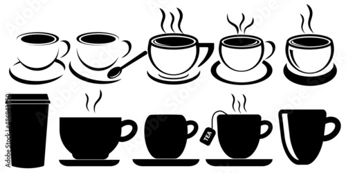 Collection of cups. Disposable coffee and tea cups. Realistic 3D illustrations of cups with saucers. Black and white colors design. Vector illustration
