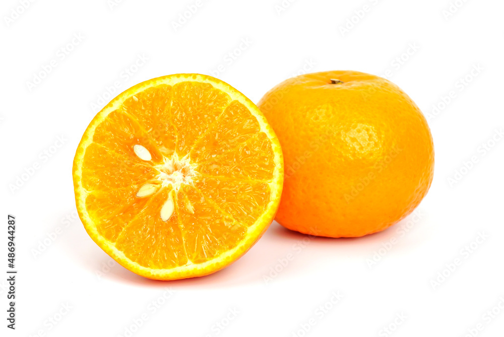 Ripe orange fruit. Orange full macro shoot fruit healthy food ingredient. Organic fresh orange isolated on white.	