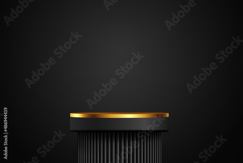 Black vector realistic 3D pedestal with golden elements. Empty space luxury design mockup scene for product.