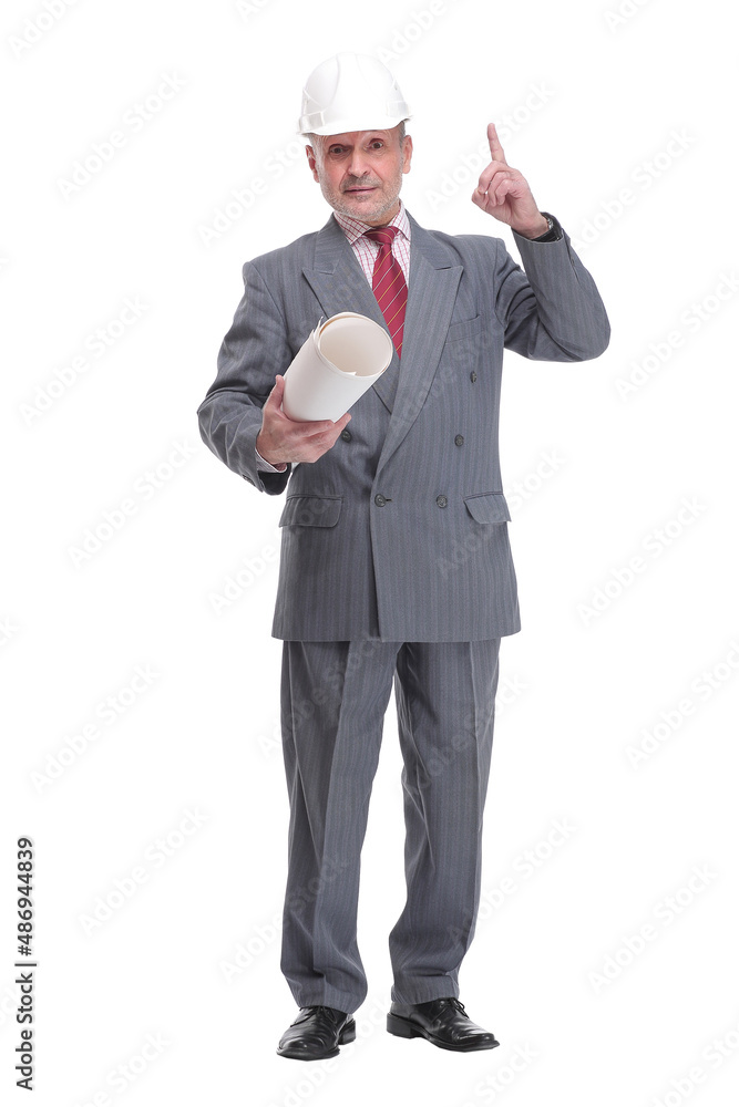 Confident smiling mature business man in hardhat holding blueprint Confident smiling mature business man in hardhat holding blueprint