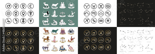 Zodiac symbols and illustrations. Symbols of signs and planets. Constellations