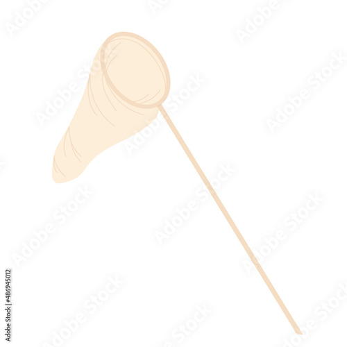 Butterfly or fish net. Aerial insect net with wood handle for catching and hunting fish or insects. Vector illustration in cartoon style. Isolated on white background.