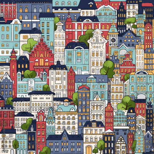 City buildings illustration. Fairytale houses aestetics