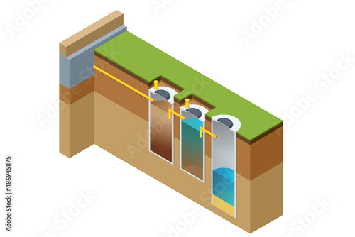 Isometric Septic Tank. Underground chamber made of concrete, fiberglass, or plastic through which domestic wastewater sewage flows for basic treatment.