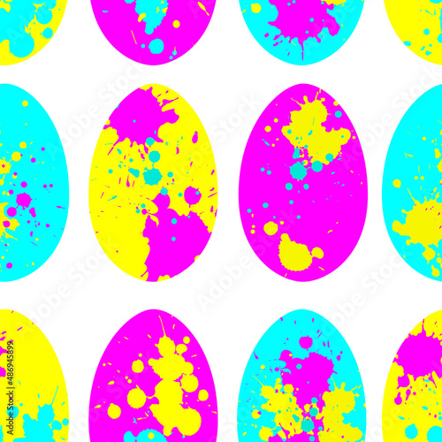 Vector easter seamless pattern: multicolor eggs on white. Holiday design with creative pink, yellow, blue splashes and drops. For textile, wrapping paper, package .