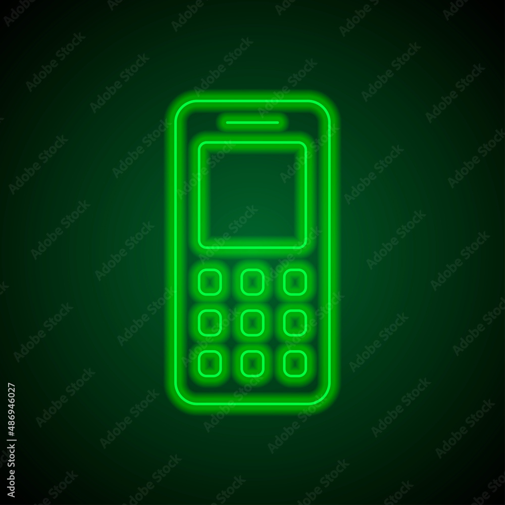Mobile phone simple icon. Flat desing. Green neon on black background with green light.ai Mobile phone simple icon. Flat desing. Green neon on black background with green light.ai