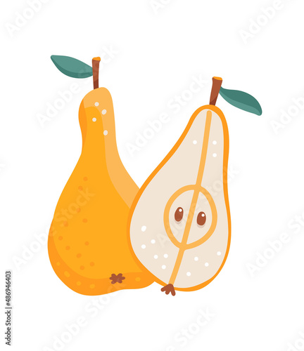 Pear Fresh Yellow Fruit - Full And Half. Flat cartoon hand drawn vector Illustration isolated on white.