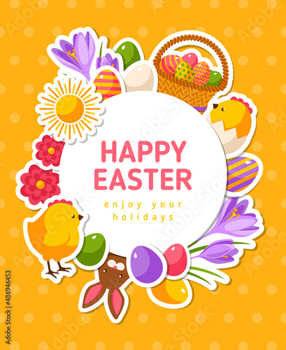 Happy Easter Banner with Flat Icons and Circle Frame. Vector Illustration. Polka Dots Yellow Textured Backdrop. Spring Holiday Concept Symbols. Cute Egg Hunt Party Invitation.