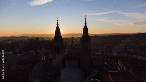 silhouette of the towers of the cathedral of Santiago de Compostela at sunset 