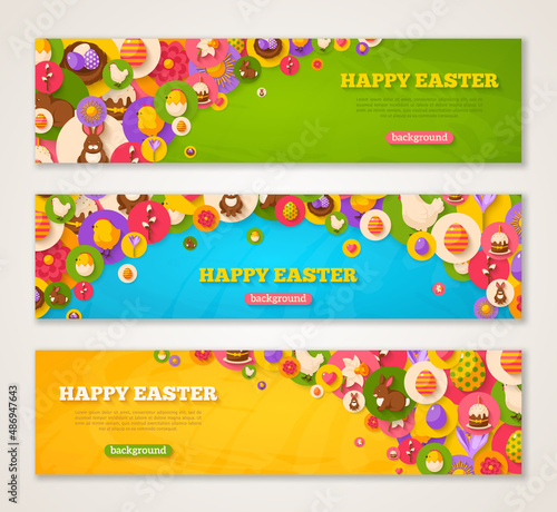 Set of Horizontal Web Banners with Easter Flat Icons in Circles. Vector illustration. Spring Holiday Symbols. Easter cake, Rabbit, Crocus, Colorful eggs, Nest. Creative Happy Easter Concept.