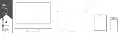 Devices Set. Desktop Computer, Laptop, Pad, Smartphone. Stock Vector