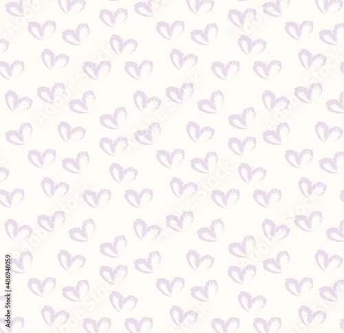 Seamless pattern of hand drawn hearts in pastel purple color on beige and neutral background