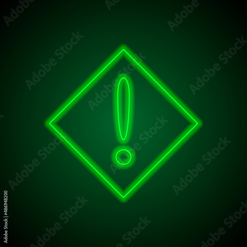 Warning simple icon, vector. Flat desing. Green neon on black background with green light.ai