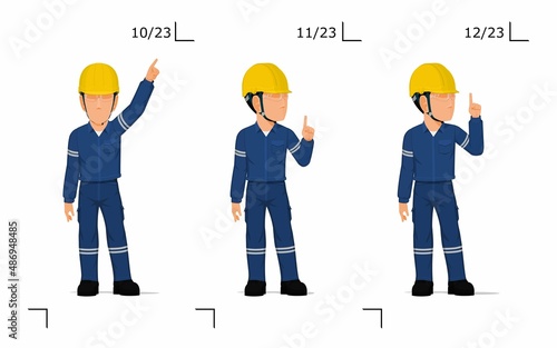 An industrial worker is explaining something over his head