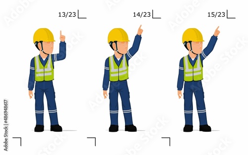 An industrial worker is explaining something over his head