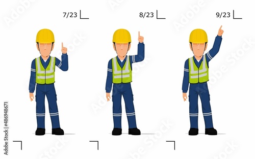 An industrial worker is explaining something over his head
