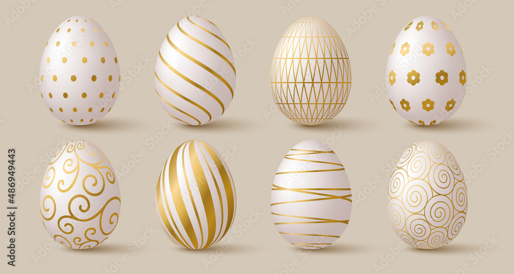 Easter eggs collection. White and gold 3d elegant design elements. Easter eggs collection. White and gold 3d elegant design elements.
