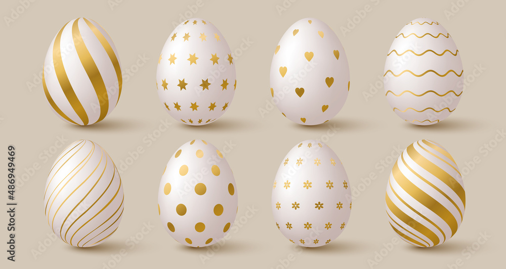 Easter eggs collection. White and gold 3d elegant design elements. Easter eggs collection. White and gold 3d elegant design elements.