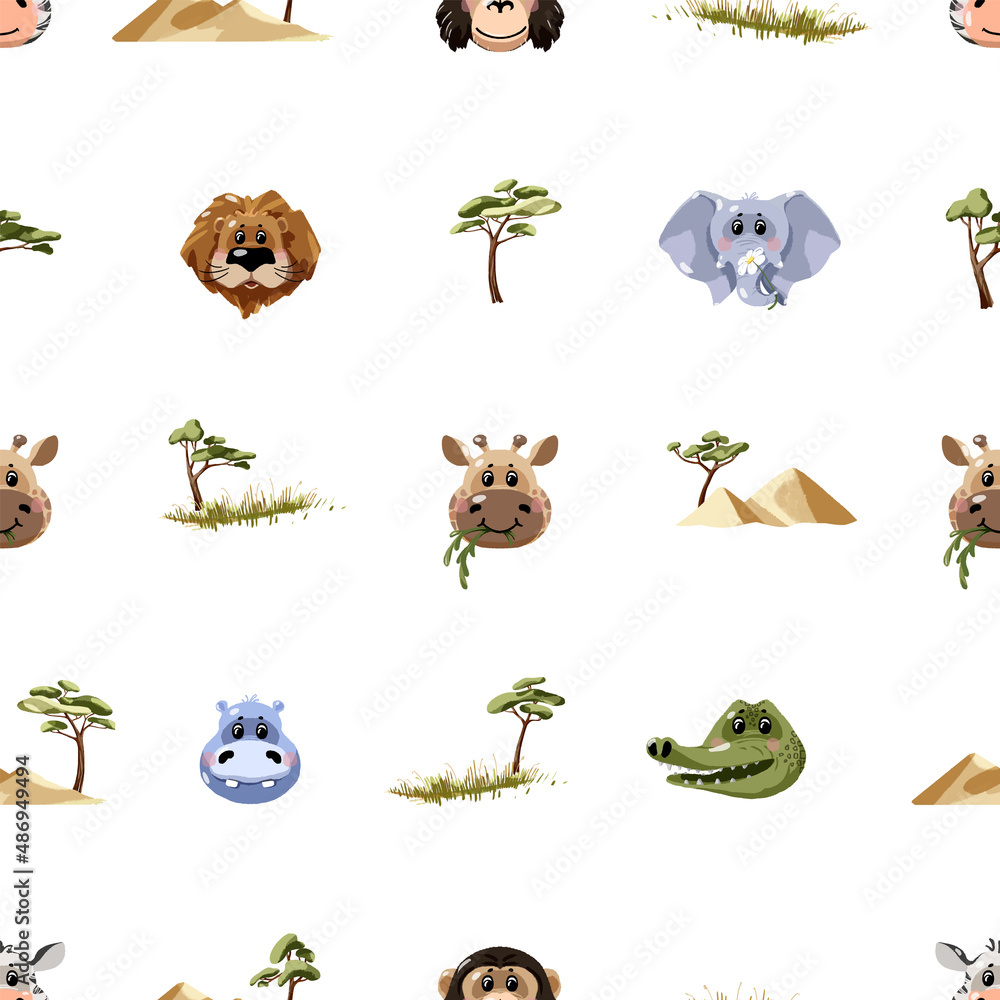 Fototapeta premium Vector seamless pattern with cute safari animals personages