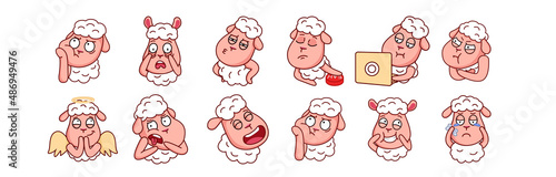 Set of cute, funny sheep expressing different emotions, smile, happiness, boredom and computer work. A set of stickers with a ram or lamb, can be applied as a print or a sticker. Vector graphics
