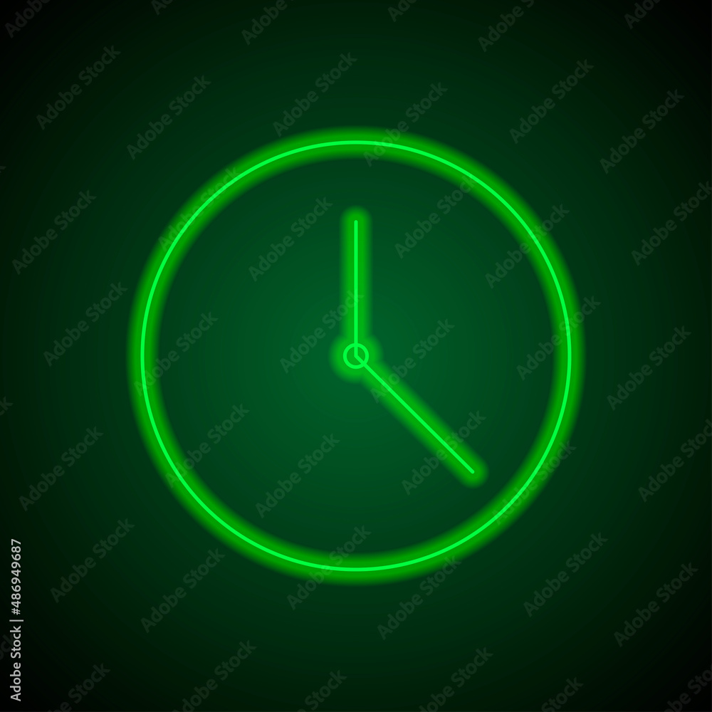 Clock simple icon vector. Flat desing. Green neon on black background with green light.ai Clock simple icon vector. Flat desing. Green neon on black background with green light.ai