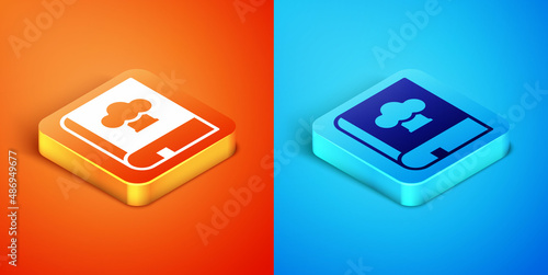 Isometric Cookbook icon isolated on orange and blue background. Cooking book icon. Recipe book. Fork and knife icons. Cutlery symbol. Vector