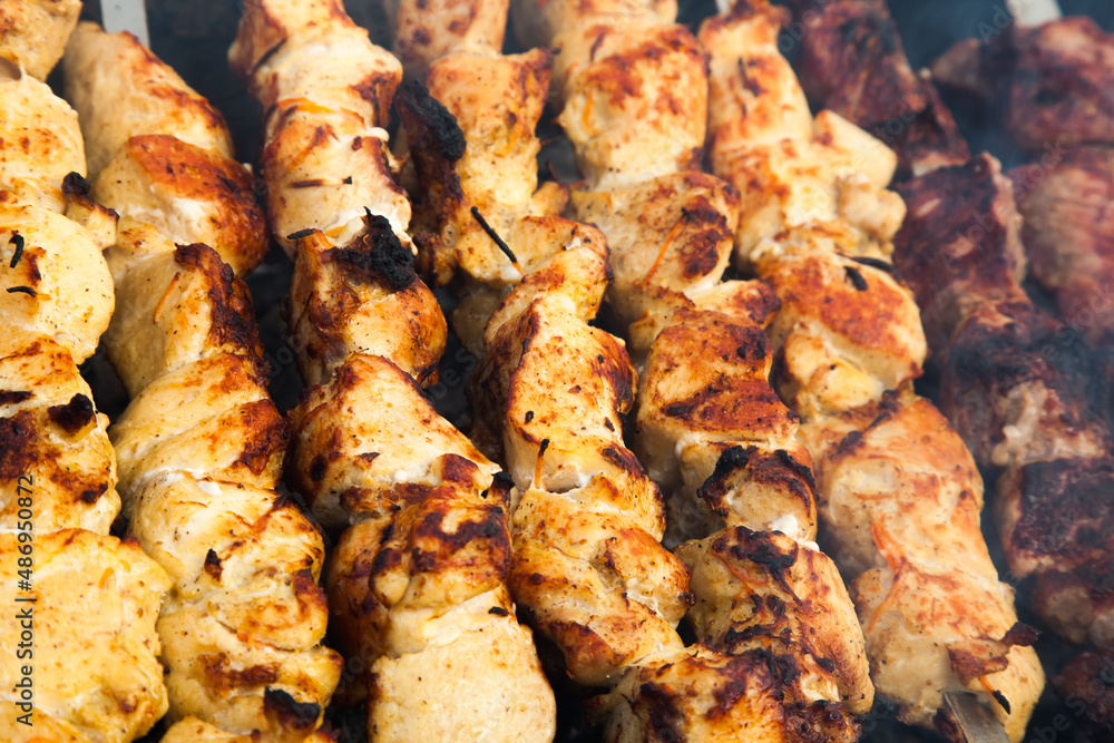 The meat is grilled on a grid over charcoal close-up.