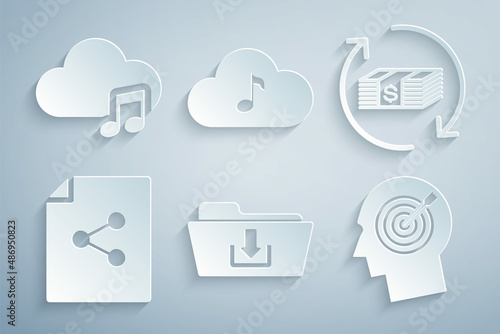 Set Folder download, Refund money, Share file, Head hunting concept, Music streaming service and icon. Vector