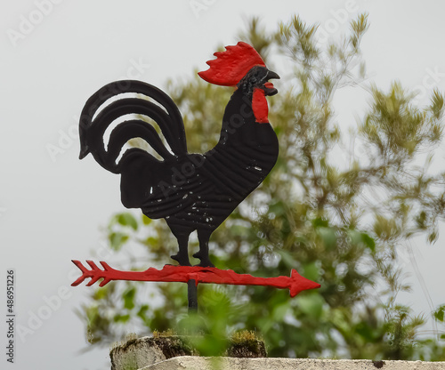 Weather vane with rooster in black and red.