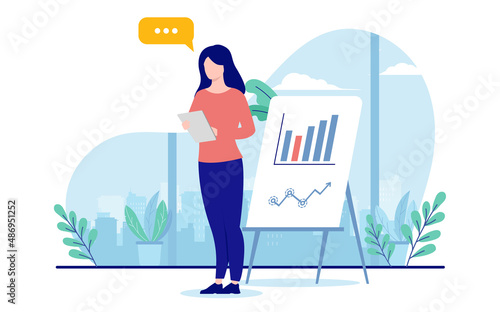 Woman holding business presentation in front of board with chart and graph. Flat design vector illustration with white background