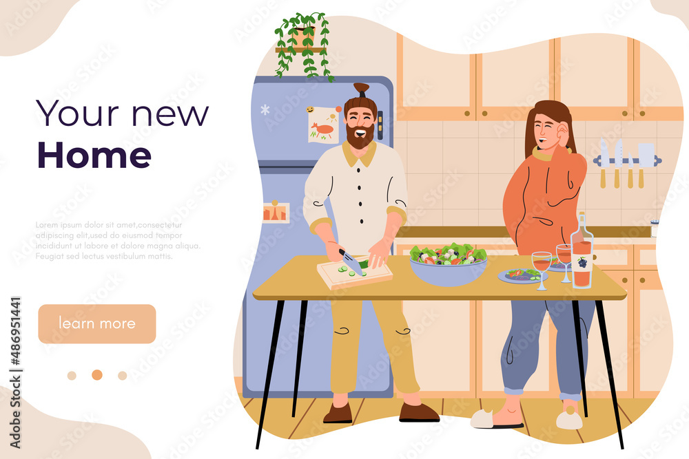 Happy family bought a new house. Cheerful young couple cooking in kitchen of their new home. Real estate agency web banner template. Flat vector illustration Happy family bought a new house. Cheerful young couple cooking in kitchen of their new home. Real estate agency web banner template. Flat vector illustration