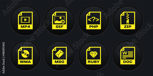 Set WMA file document, ZIP, MSG, RUBY, PHP and GIF icon. Vector