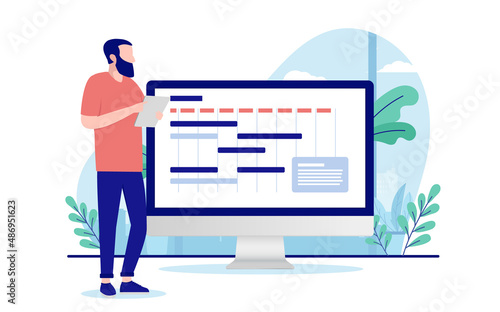 Project manager - Male person standing by computer with project management calendar software planning a business project. Flat design vector illustration with white background photo