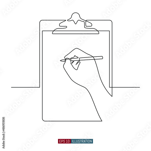 Continuous line drawing of Hand with pencil. Clipboard recording. Notes on paper. To-do list. Checklist. Template for your design works. Vector illustration.
