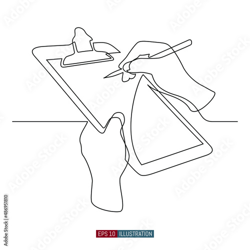 Continuous line drawing of Hands holding clipboard and pencil. Notes on paper. To-do list. Checklist. Template for your design works. Vector illustration.