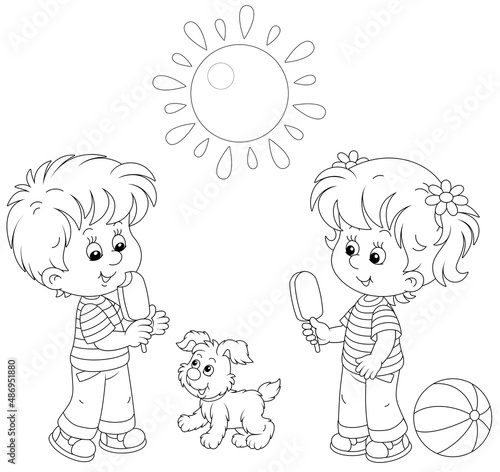 Happy little kids with chocolate ice cream walking on a sunny summer day, black and white outline vector cartoon illustration for a coloring book page photo