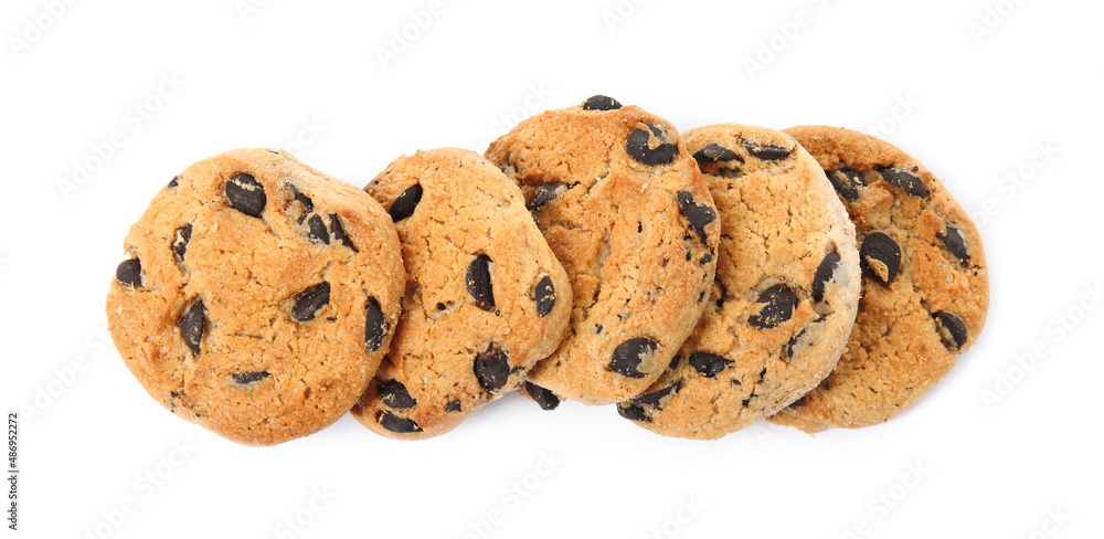 Delicious chocolate chip cookies on white background, top view Delicious chocolate chip cookies on white background, top view