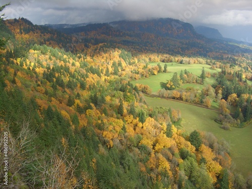autumn landscape in the mountains on stormy day by the columbia river  wa and or states, usa