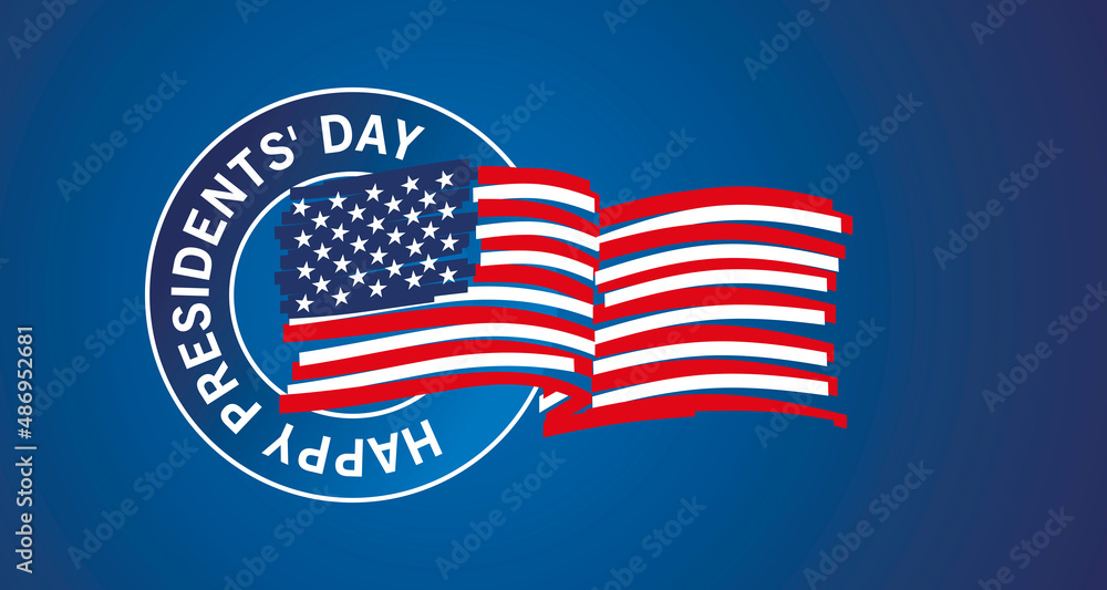 Happy Presidents Day modern art drawing of USA wavy flag in circle icon logo label patriotic template blue background Happy Presidents Day modern art drawing of USA wavy flag in circle icon logo label patriotic template blue background