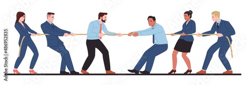 Business competition tug of war. People in office clothes pulling on opposite rope ends. Men and women mixed teams. Competitive game. Corporate rivalry and conflict. Vector concept