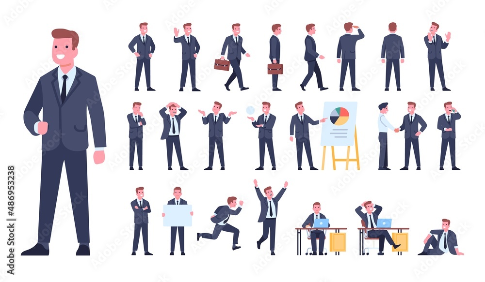Cartoon businessman character poses. Manager in formal suit. Different gestures and situations. Employee working process. Actions and emotion expressions. Vector worker positions set