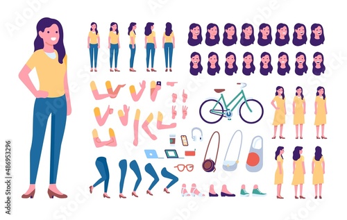 Cartoon female character kit. Woman in casual clothes. Girl standing in different poses. Face emotion expressions and hand gestures. Vector set of individual body parts and accessories