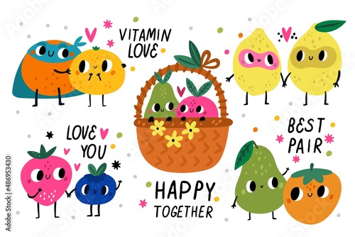 Cute fruits couples. Funny nature characters in love, comic plant products with faces, cartoon vegetable food with romantic text, apple and pear in basket, lemons and berries vector set