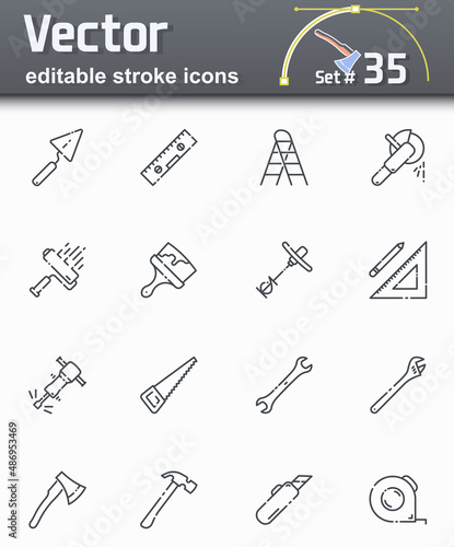 Set of editable stroke vector construction line icons isolated