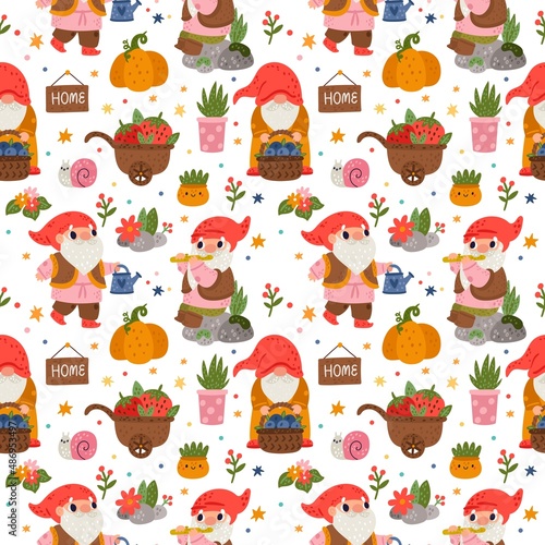 Cute garden gnomes seamless pattern. Funny little bearded men. Flowers, plants, snails and vegetables, carts with berries, vector background. Decor textile, wallpaper, print or fabric
