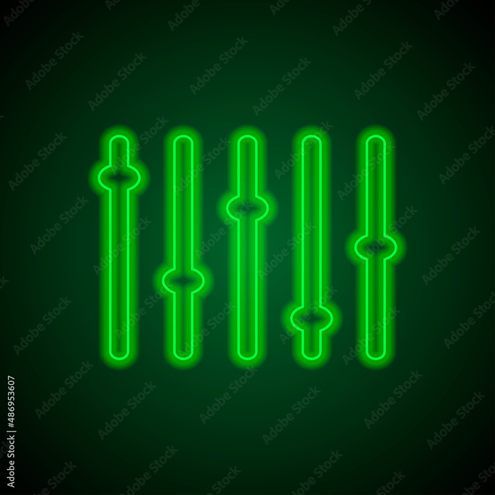 Equalizer, slider simple icon. Flat desing. Green neon on black background with green light Equalizer, slider simple icon. Flat desing. Green neon on black background with green light