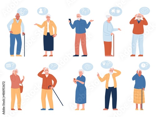 Dementia Alzheimer people. Elderly persons with memory loss or disorientation. Age changes brain. Men or women with mental disease. Cognitive disorder. Vector confusion characters set