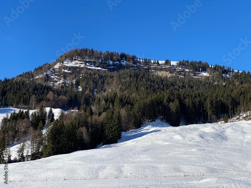 Rocky alpine hill Hinterfallenchopf or Hinderfallenchopf (1531 m.a.s.l.) in winter ambience and covered with fresh snow cover - Appenzell Alps massif, Switzerland (Schweiz)